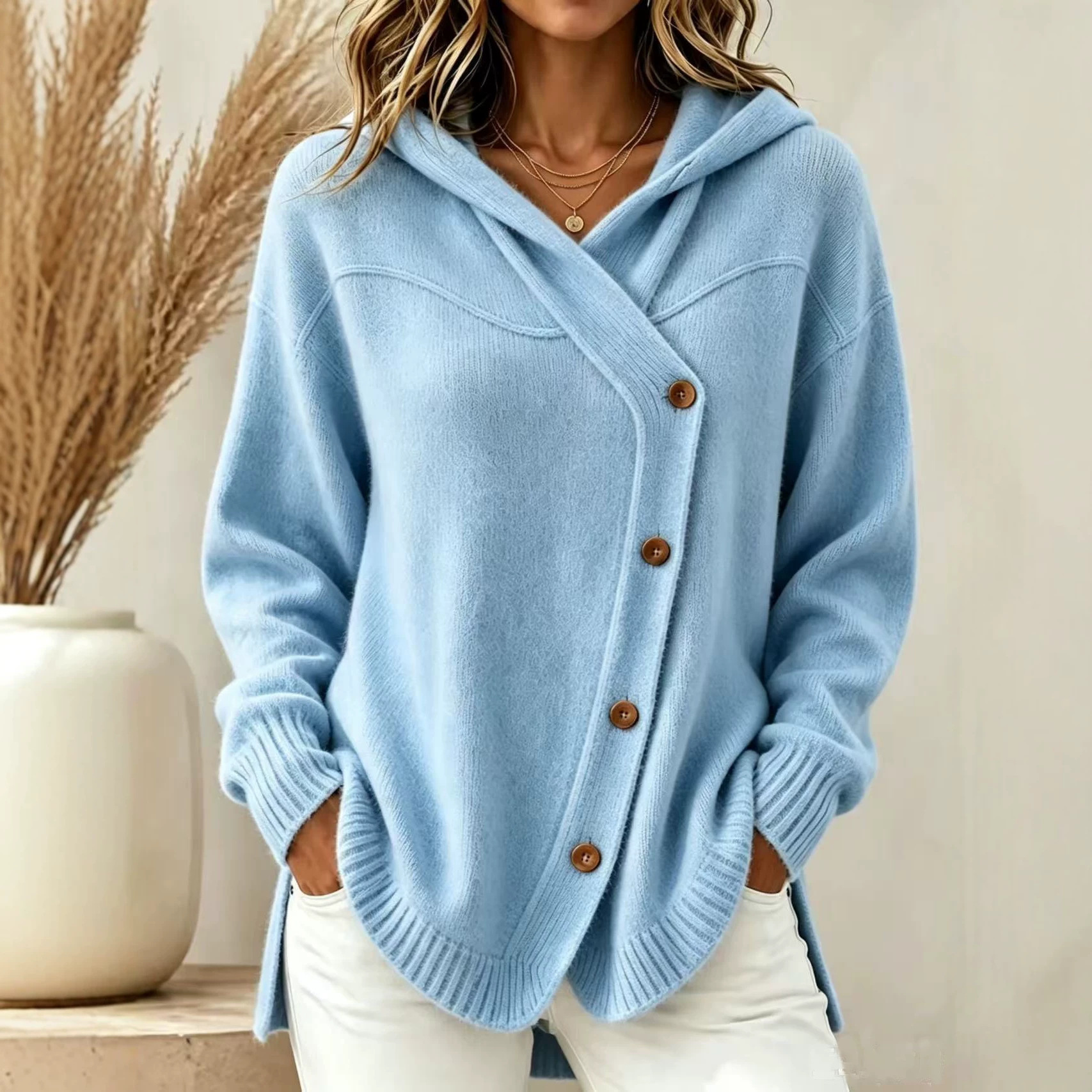 Women’s Asymmetrical Button Knit Hoodie – Relaxed Longline Sweater