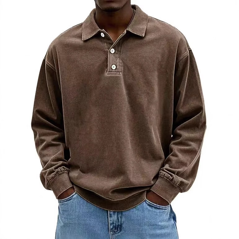 Men’s Vintage-Wash Long-Sleeve Polo Shirt – Relaxed Casual Fit