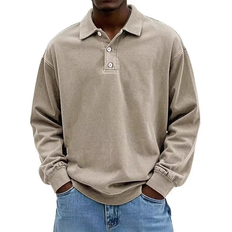 Men’s Vintage-Wash Long-Sleeve Polo Shirt – Relaxed Casual Fit
