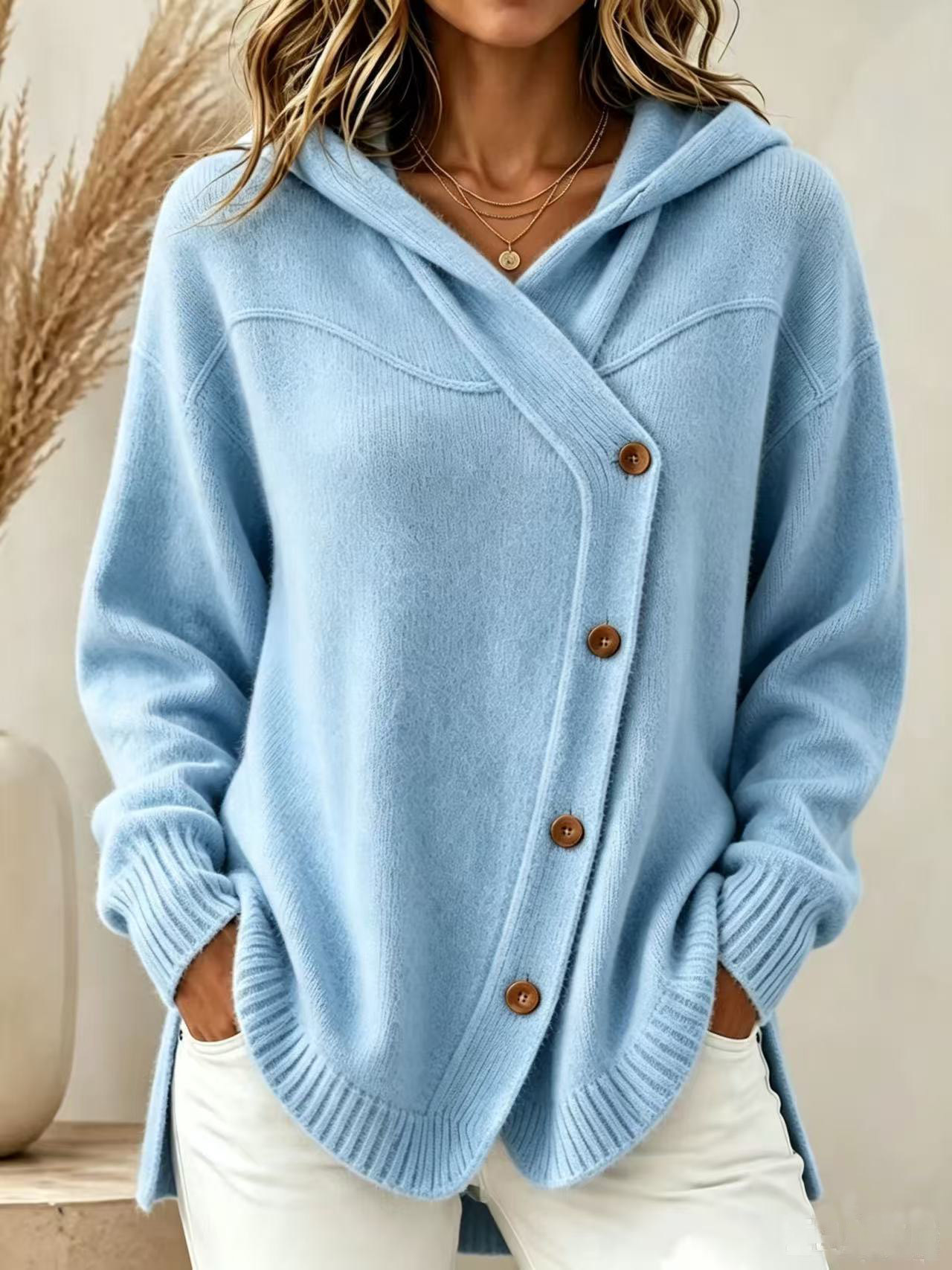 Women’s Asymmetrical Button Knit Hoodie – Relaxed Longline Sweater