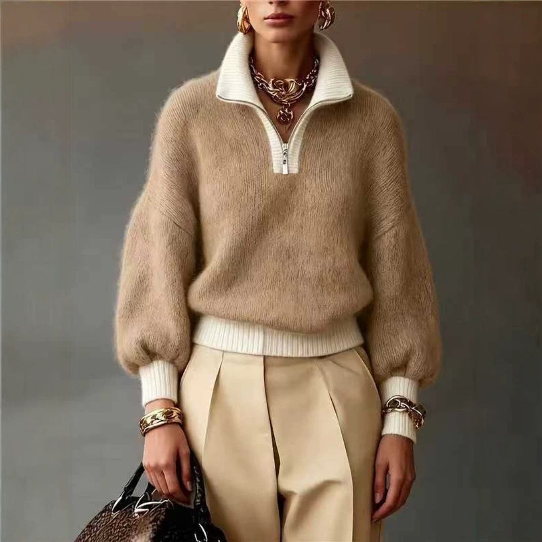 Women’s Fuzzy Knit Half-Zip Sweater Soft-Looking Texture. Effortless Elegance.