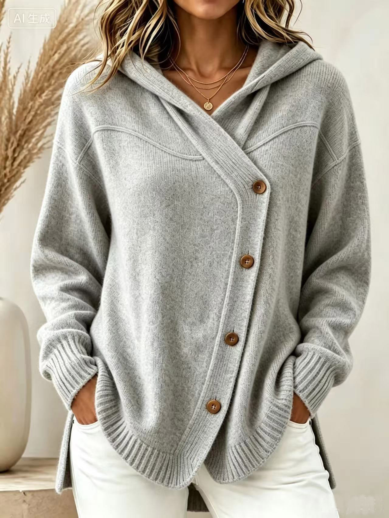 Women’s Asymmetrical Button Knit Hoodie – Relaxed Longline Sweater