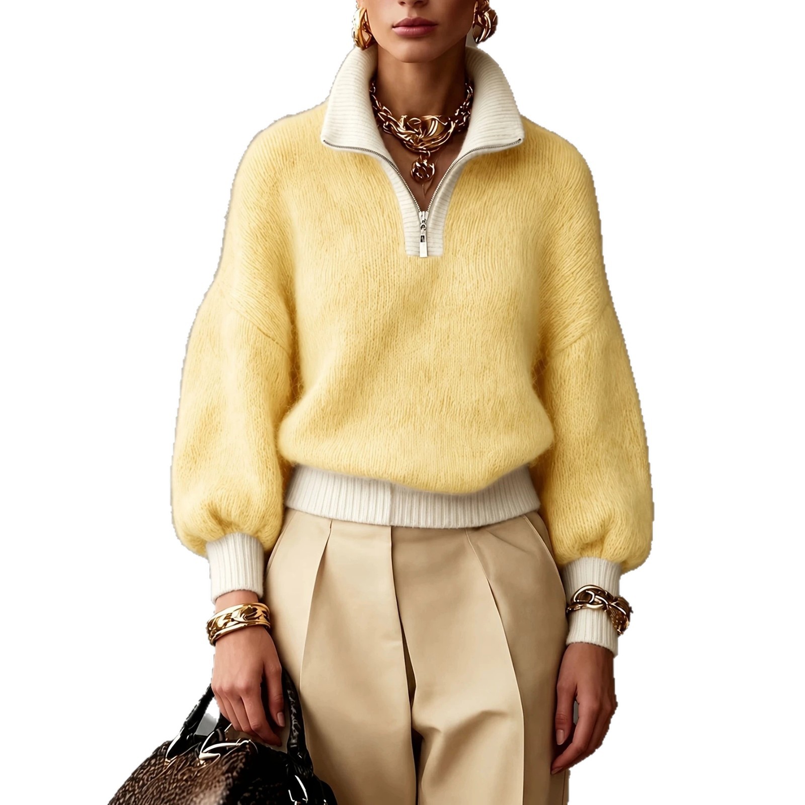 Women’s Fuzzy Knit Half-Zip Sweater Soft-Looking Texture. Effortless Elegance.