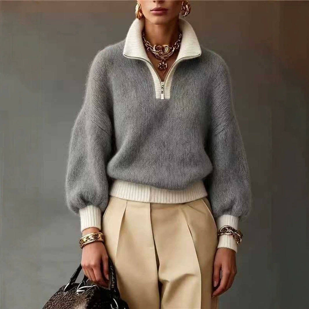 Women’s Fuzzy Knit Half-Zip Sweater Soft-Looking Texture. Effortless Elegance.