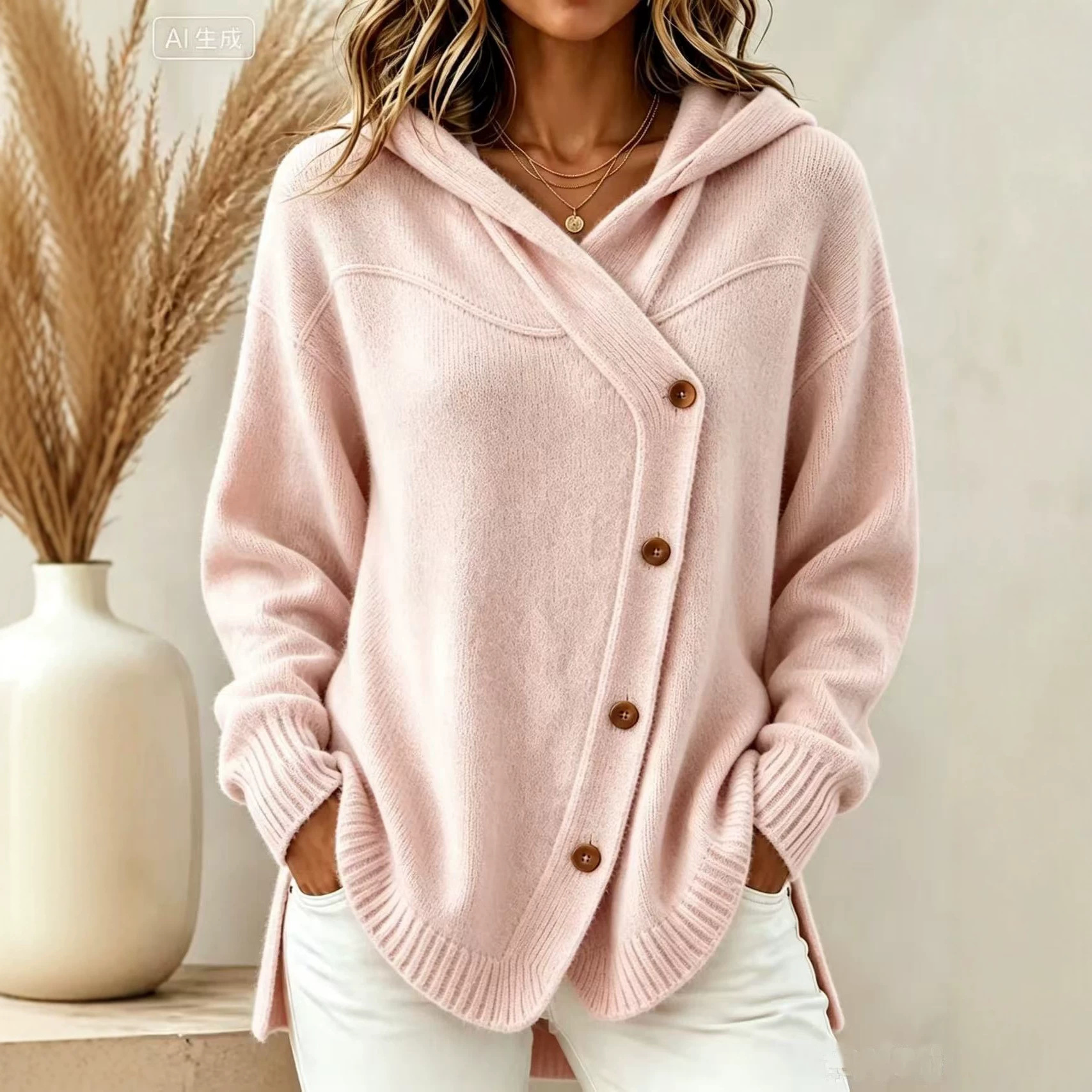 Women’s Asymmetrical Button Knit Hoodie – Relaxed Longline Sweater