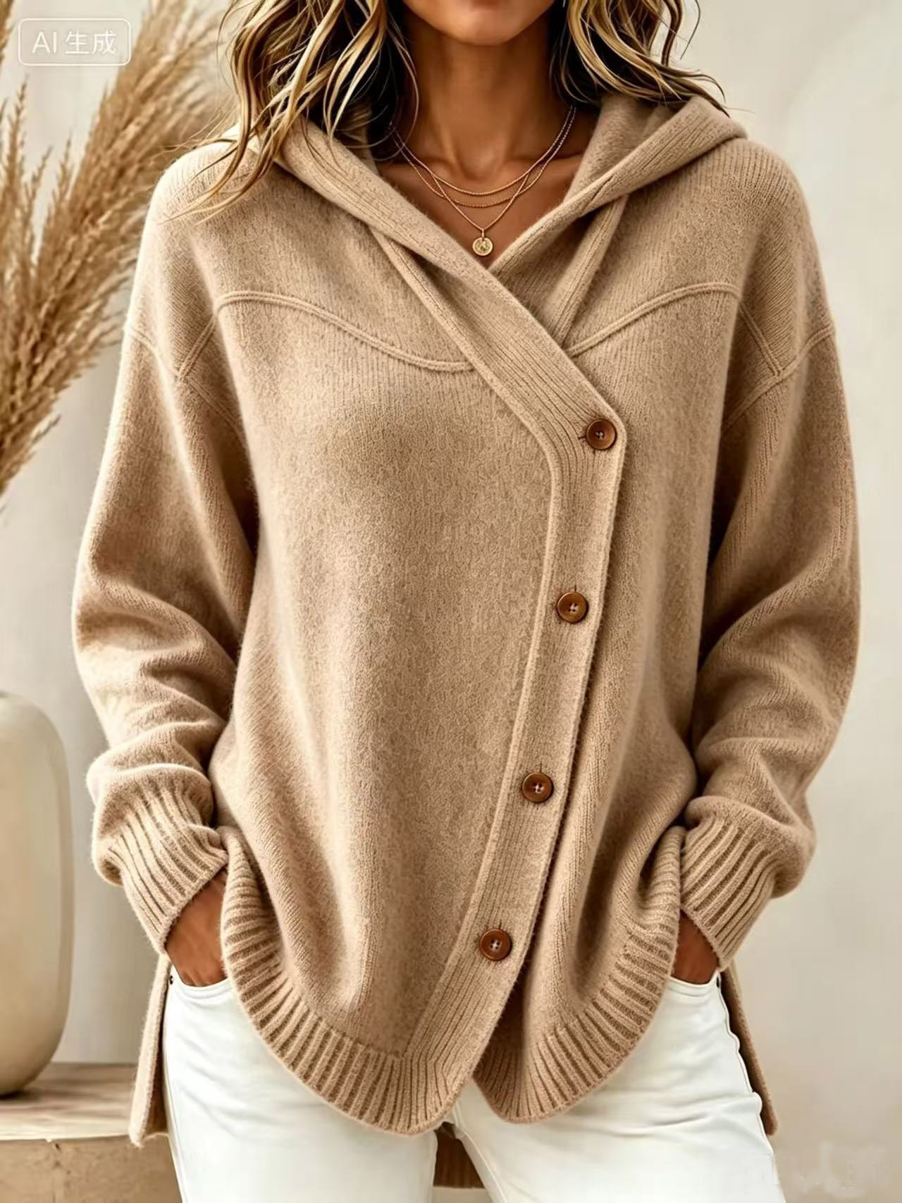 Women’s Asymmetrical Button Knit Hoodie – Relaxed Longline Sweater