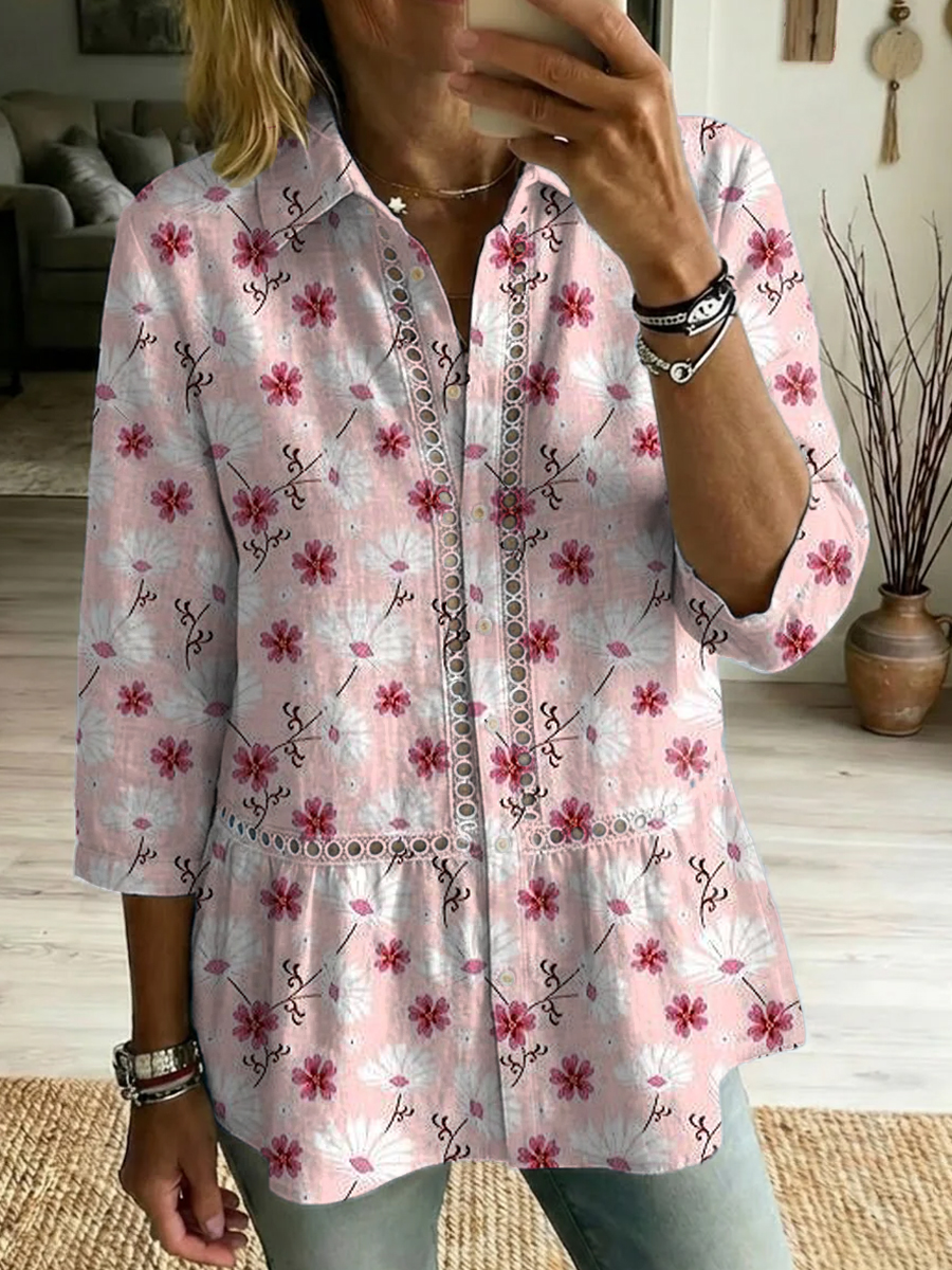 Artistic & Fresh: Versatile, Loose-fit Cotton Top With Floral Print And Cutout Paneling