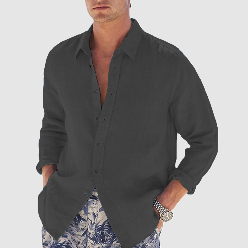 Men's lapel solid color long sleeve shirt loose casual shirt-Comfort & Reliable