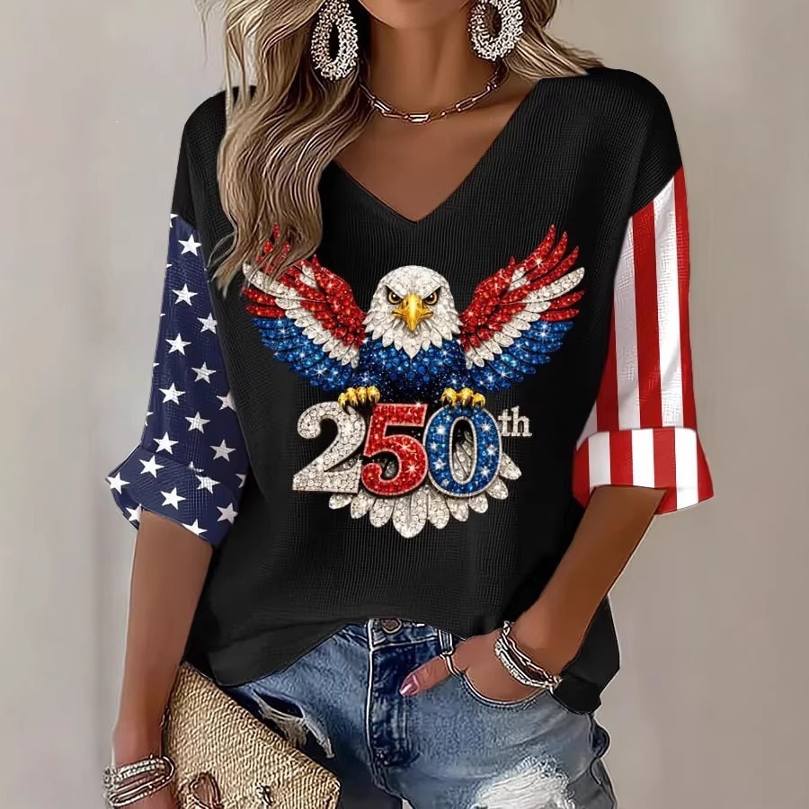 Women's American 250th Anniversary Three-Quarter Sleeve V-Neck Top