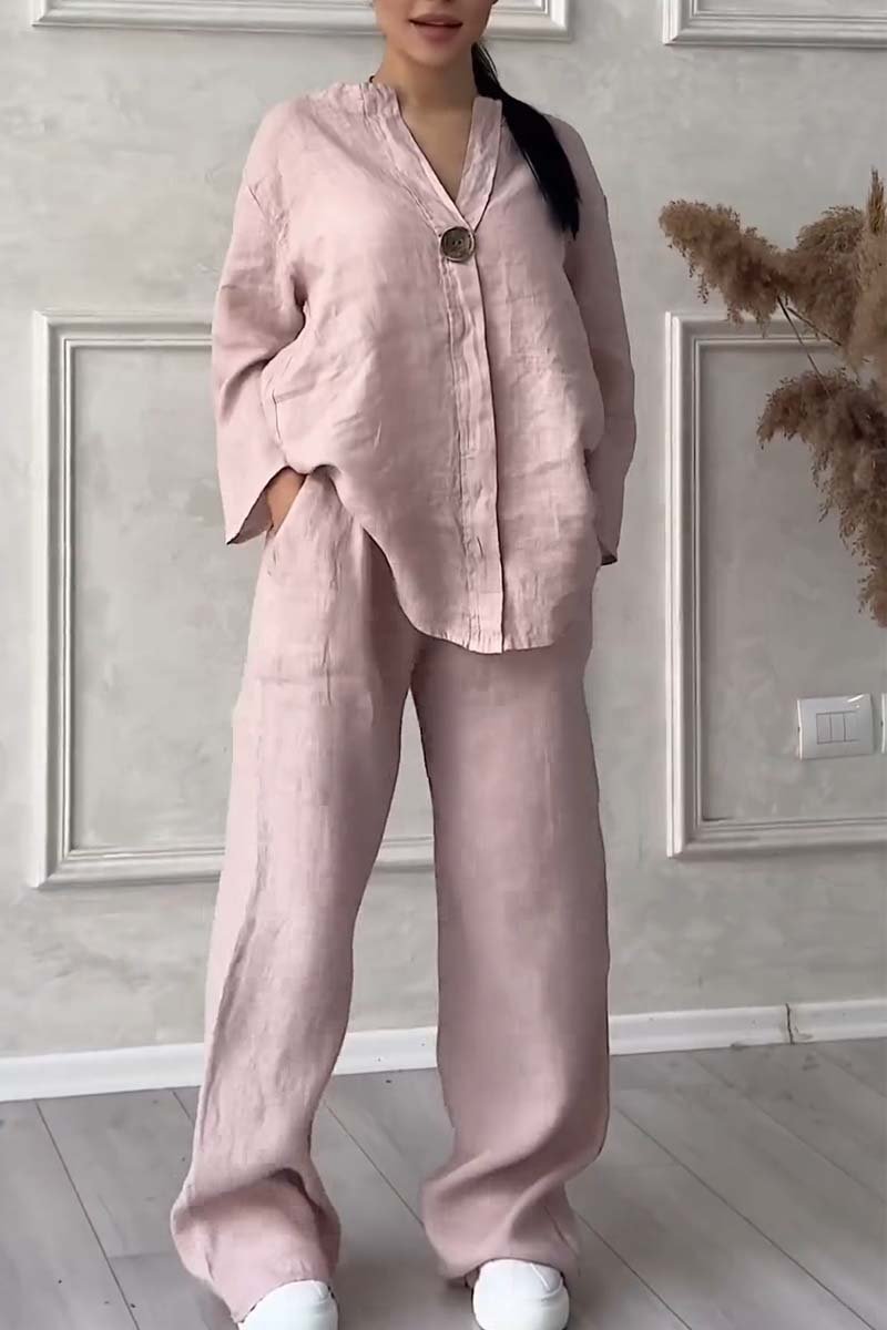 Casual button decorated cotton and linen two-piece set-Comfort & Reliable