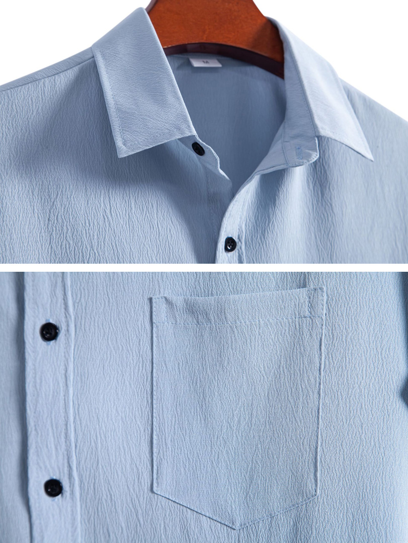 Men's Casual Pleated Solid Pocket Short Sleeve Shirt