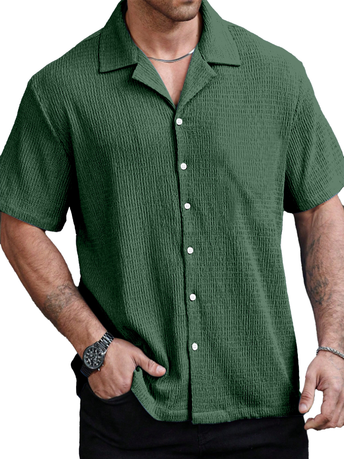 Men's Casual Solid Color Texture Cuban Collar Short Sleeve Shirt