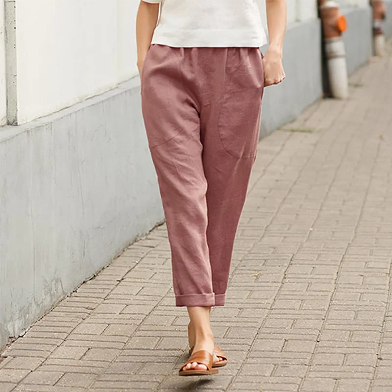 Women's Cotton Linen Solid Color Loose Pocket Harem Pants-Comfort & Reliable