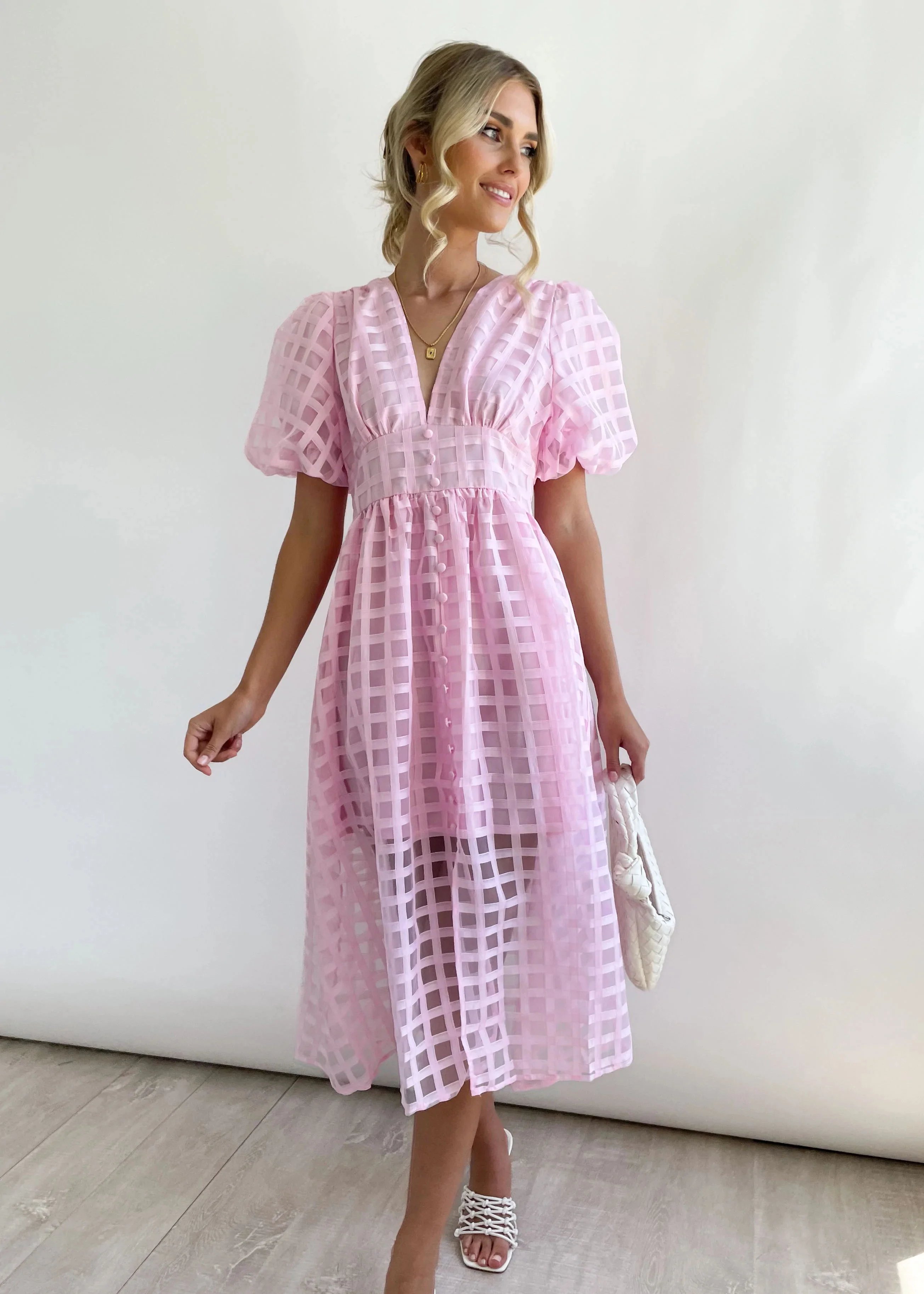 Beauty Square Patterned Fabric Puff Sleeve Midi Dress-Comfort & Reliable