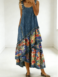 Women's Fashion Floral Denim Design Sleeveless Multi-layered Ruffled Strap Dress