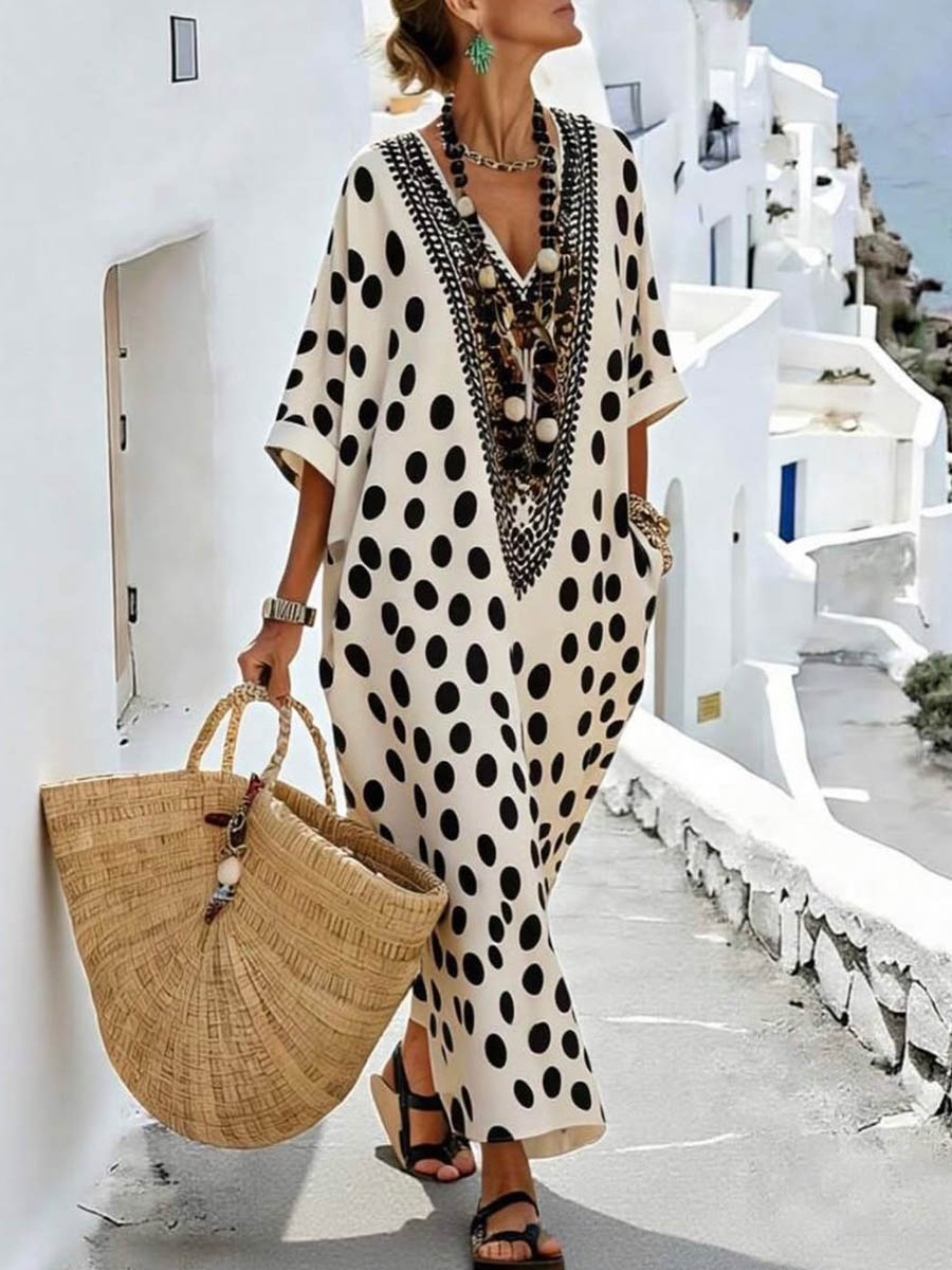 Women's Polka Dot Print V-neck 3/4-sleeve Casual Loose Cotton-linen Dress