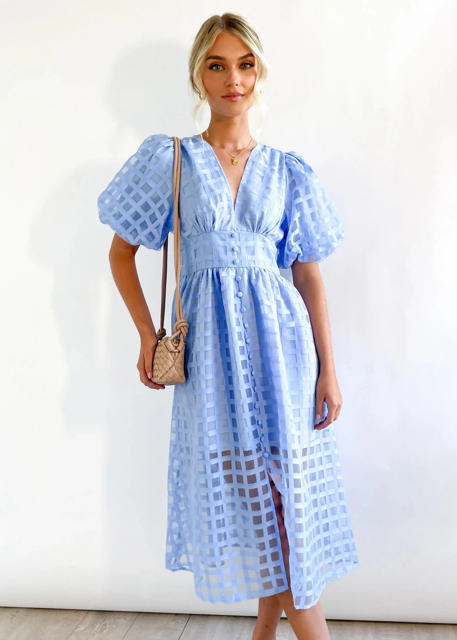 Beauty Square Patterned Fabric Puff Sleeve Midi Dress-Comfort & Reliable