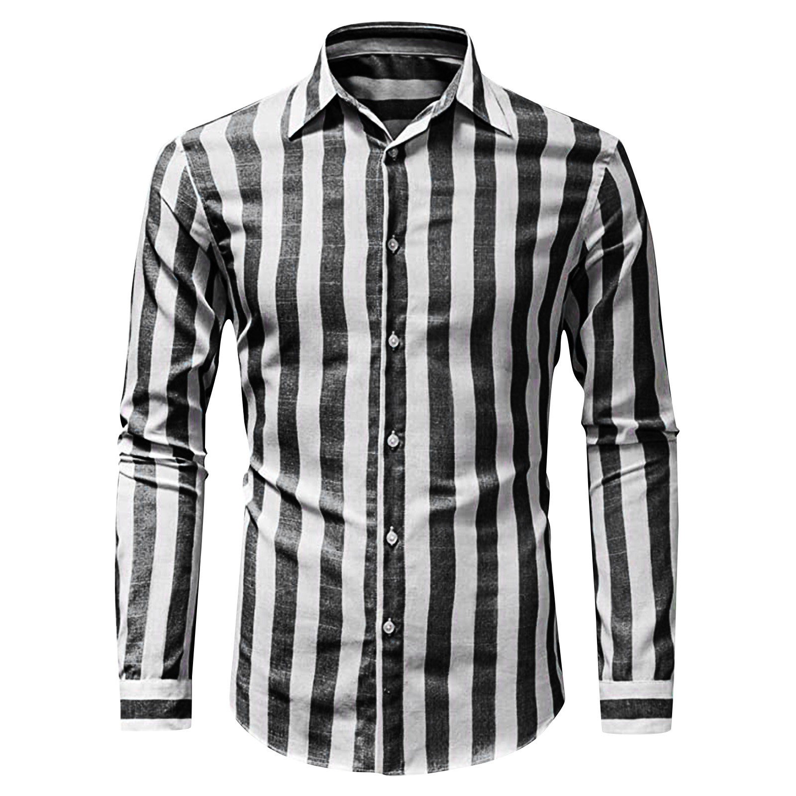 Men Fashion Casual Striped Print Cotton Linen Buckle Turn Down Collar Long Sleeve Shirt-Comfort & Reliable