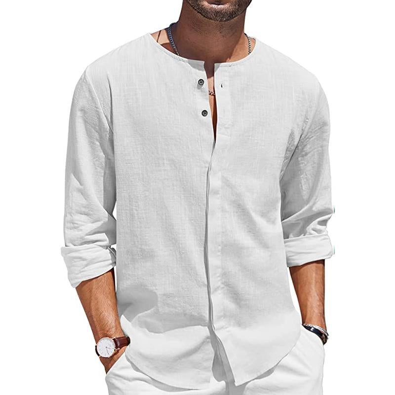 Men's Round Neck Premium Linen Breathable Comfortable Inner Button Long Sleeve Shirt-Comfort & Reliable
