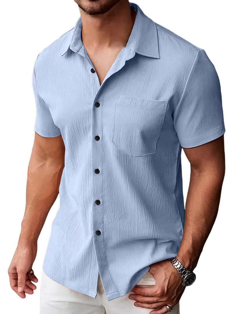 Men's Casual Pleated Solid Pocket Short Sleeve Shirt