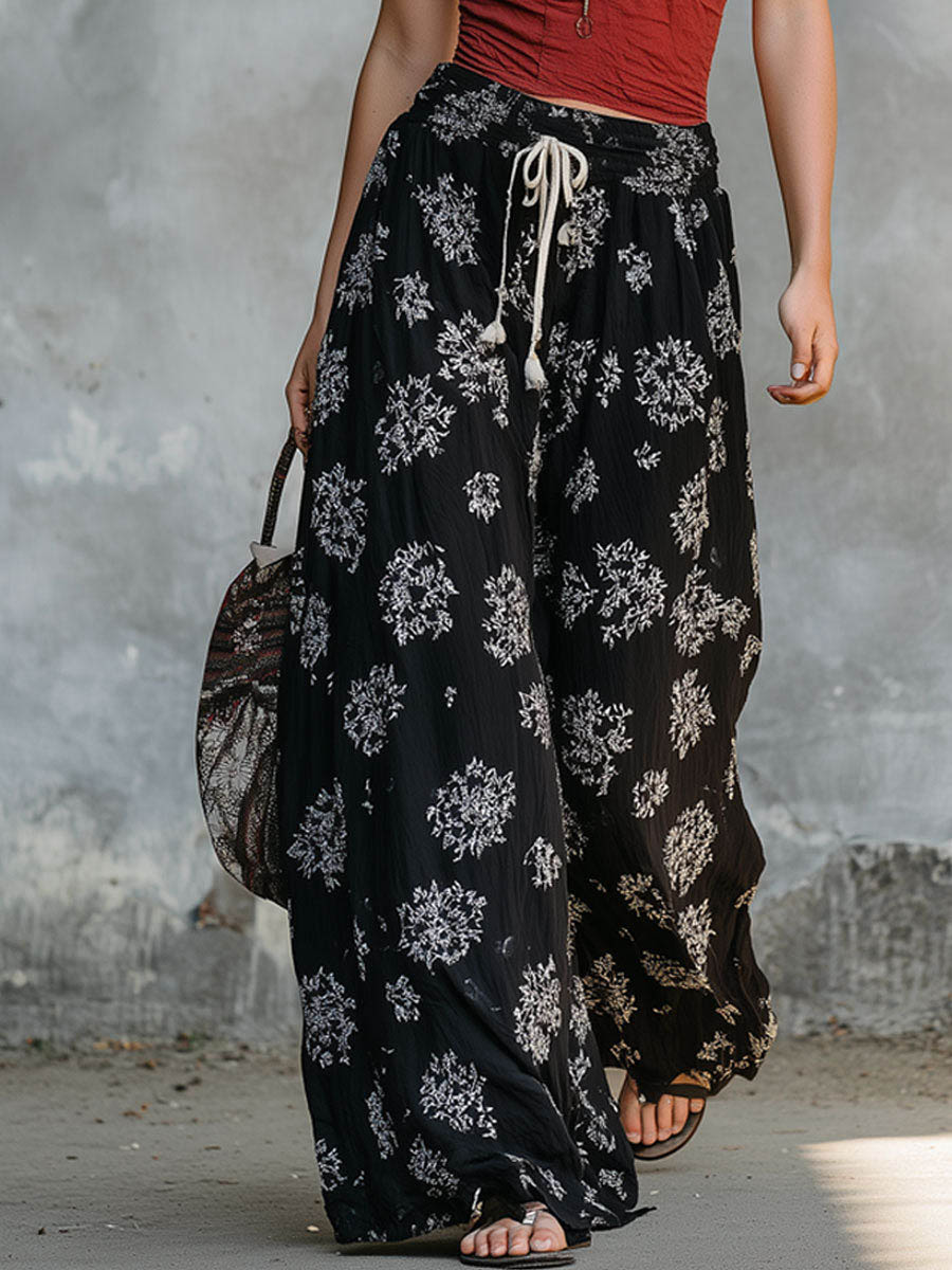 Women's Floral Print Cotton-linen Wide-leg Pants With Elastic Waist