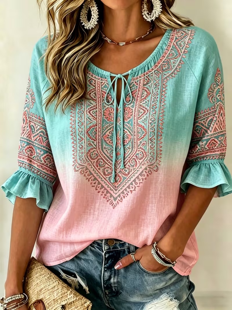 Women's Seven Quarter Sleeve Ruffle Lace Up Shirt