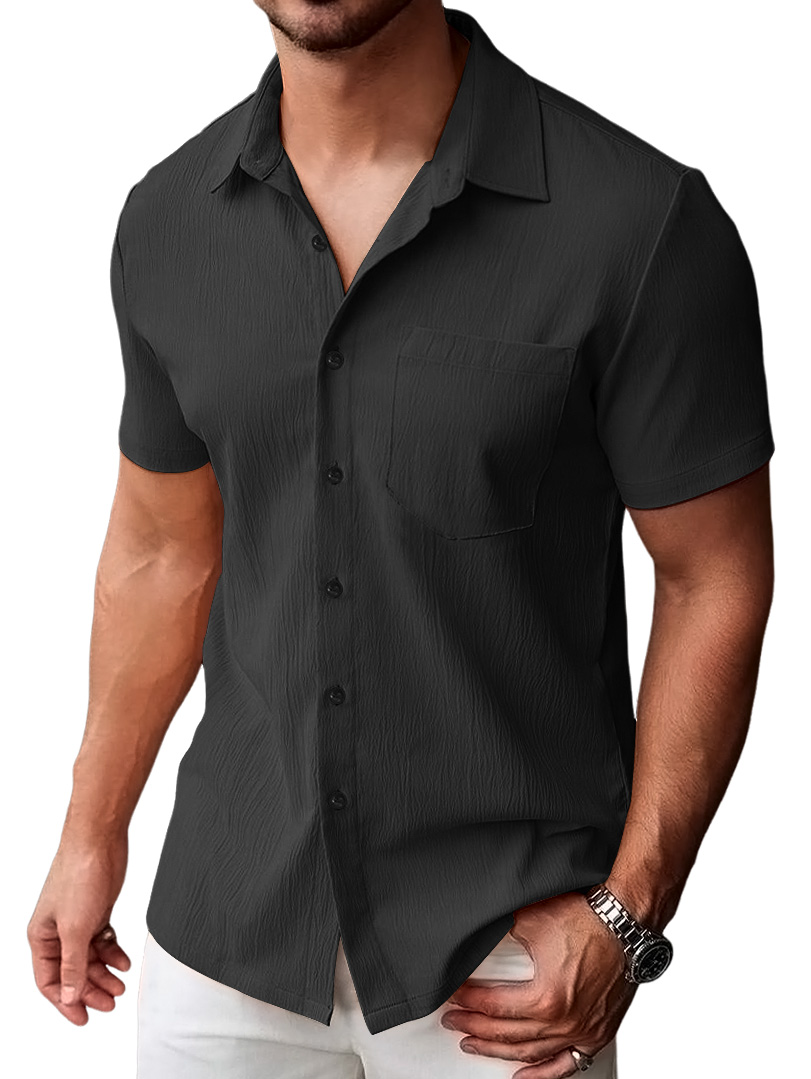 Men's Casual Pleated Solid Pocket Short Sleeve Shirt