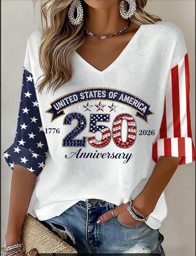 Women's American 250th Anniversary Three-Quarter Sleeve V-Neck Top