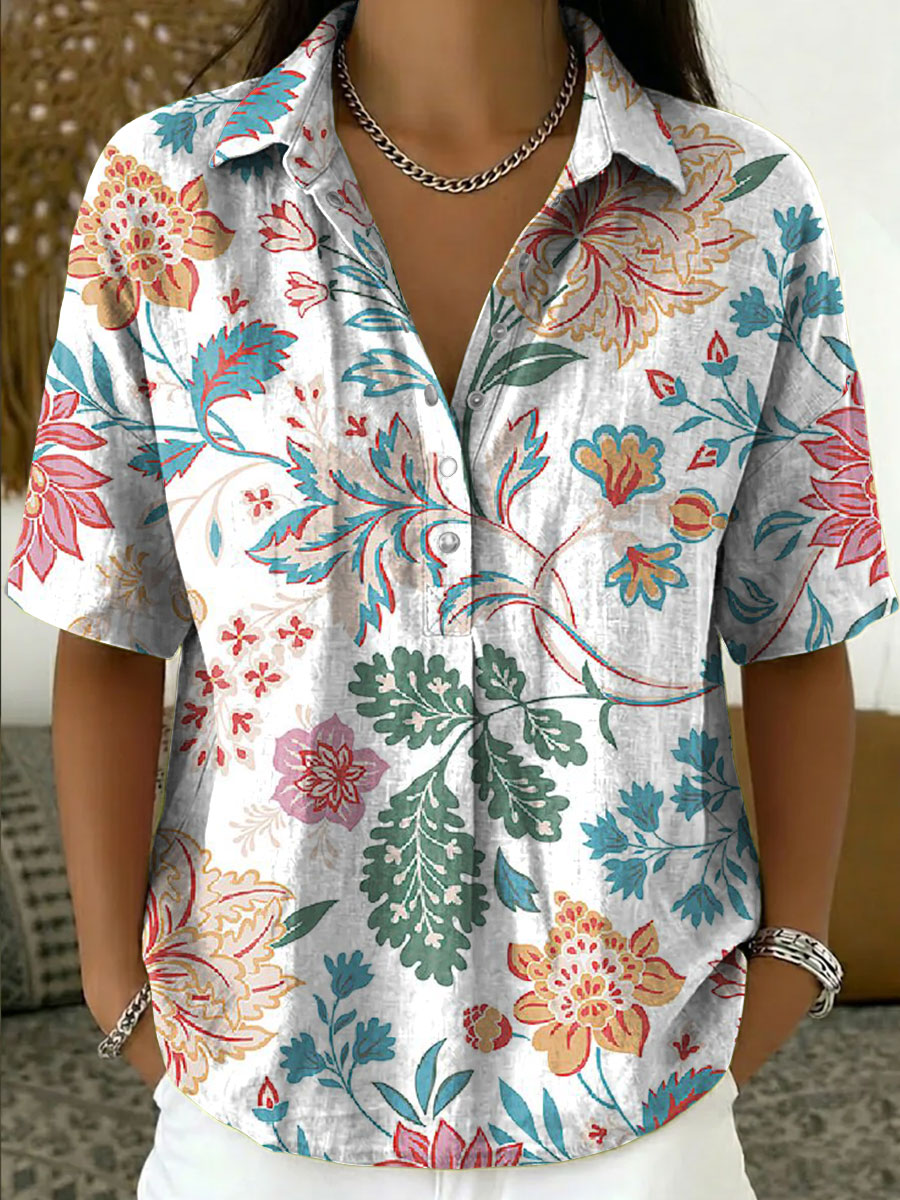 Women's Vintage Botanical Floral Casual Polo Collar Short-sleeved Linen And Cotton Shirt