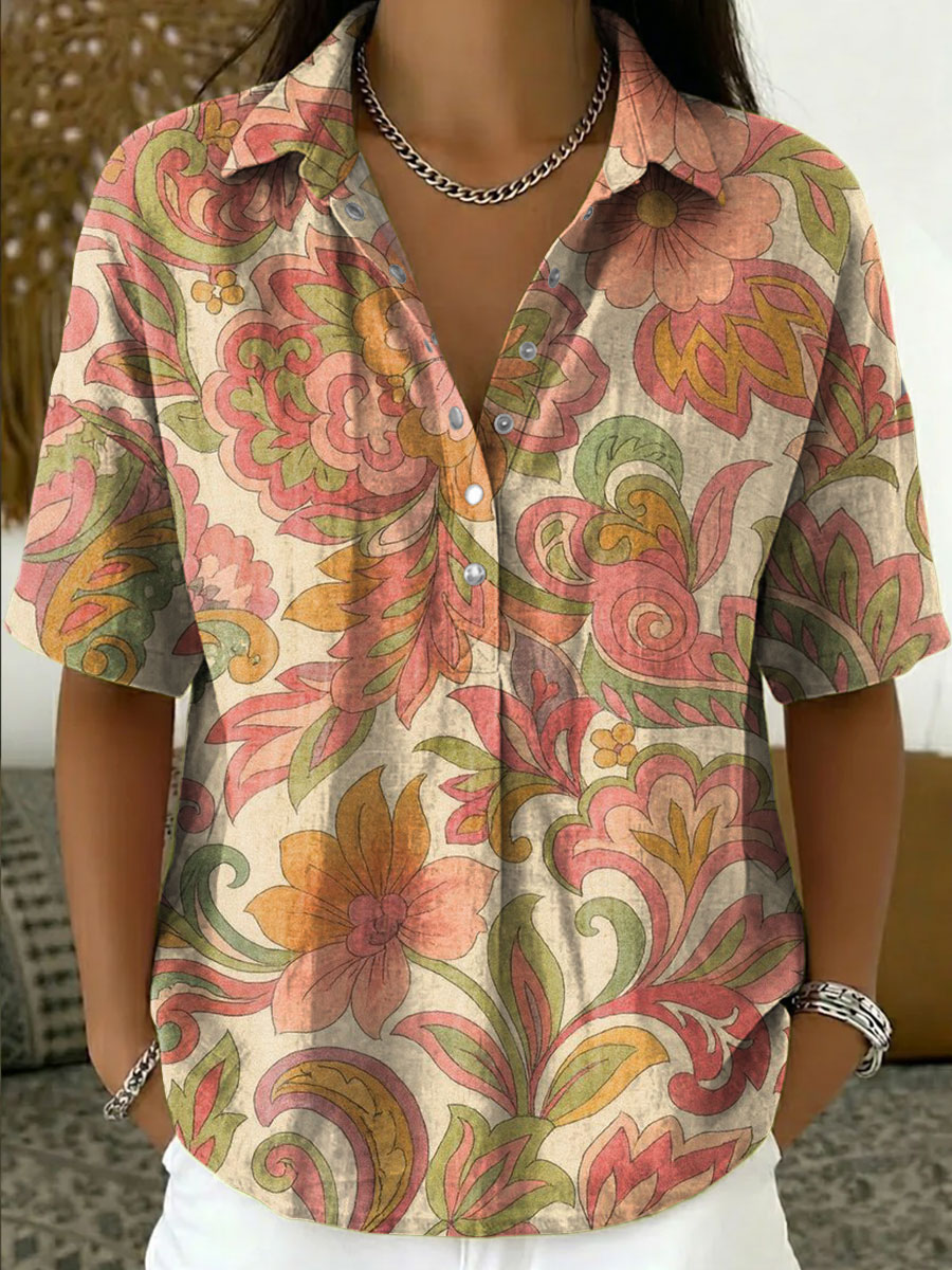 Women's Vintage Botanical Floral Casual Polo Collar Short-sleeved Linen And Cotton Shirt