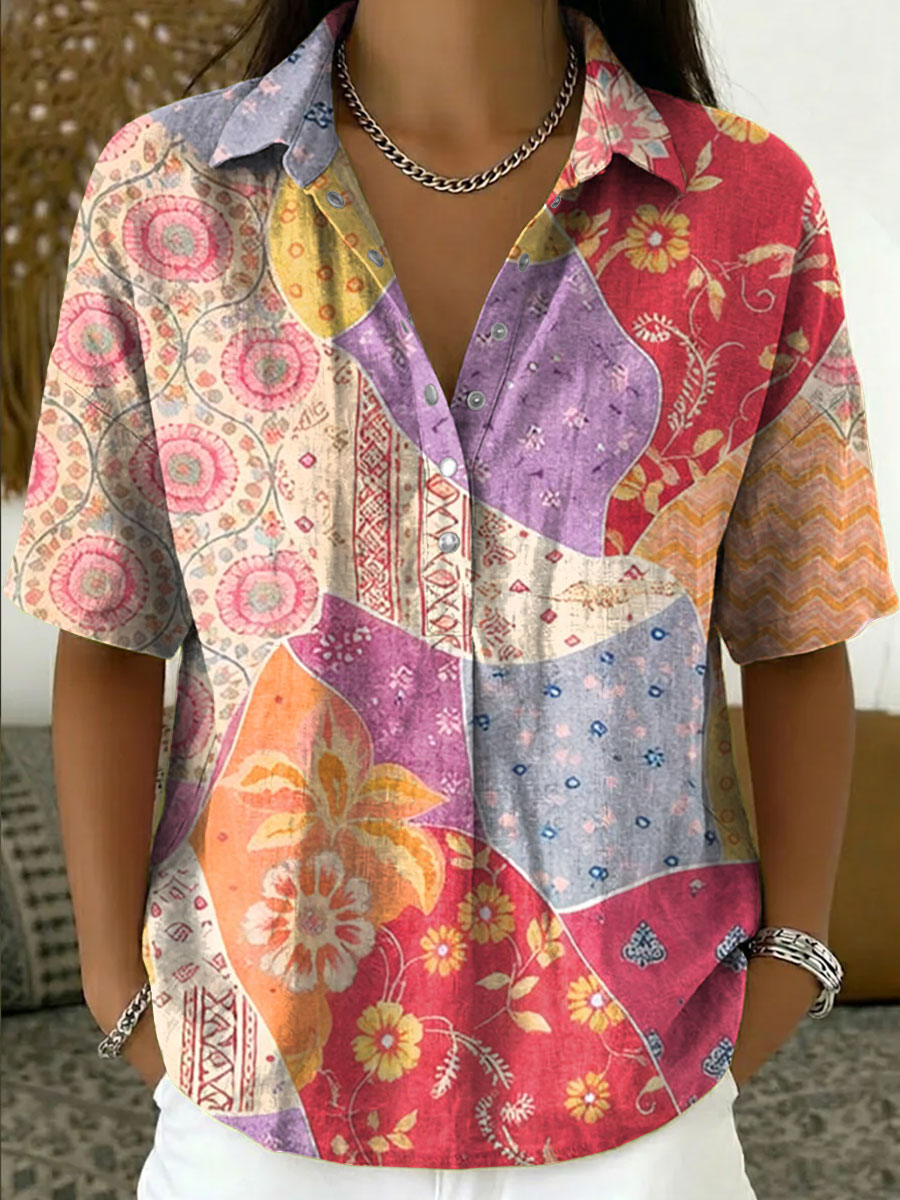Women's Vintage Botanical Floral Casual Polo Collar Short-sleeved Linen And Cotton Shirt