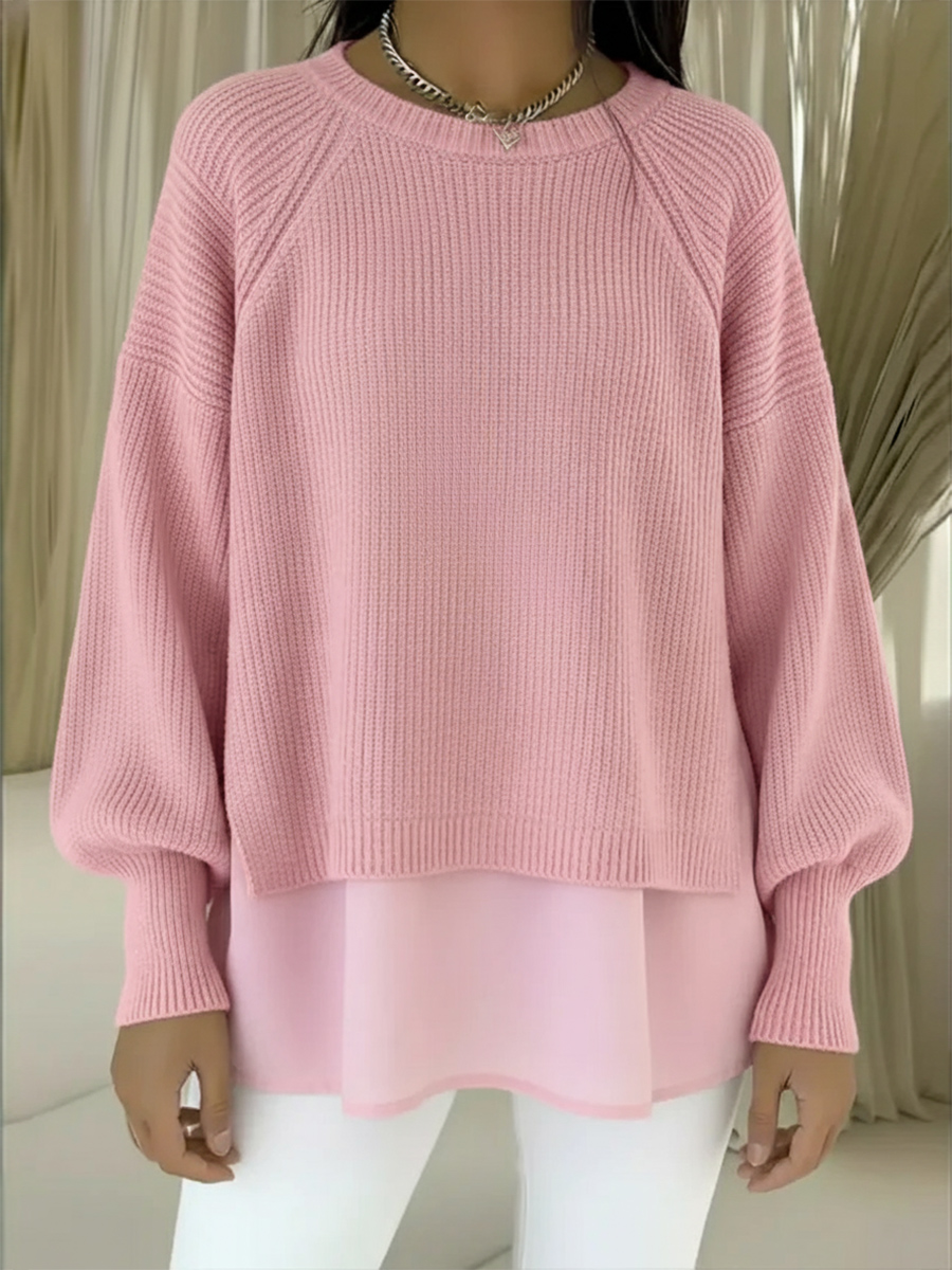 CLEARANCE SALE🔥 Women's Comfortable Patchwork Faux Two-piece Lantern Sleeve Sweater