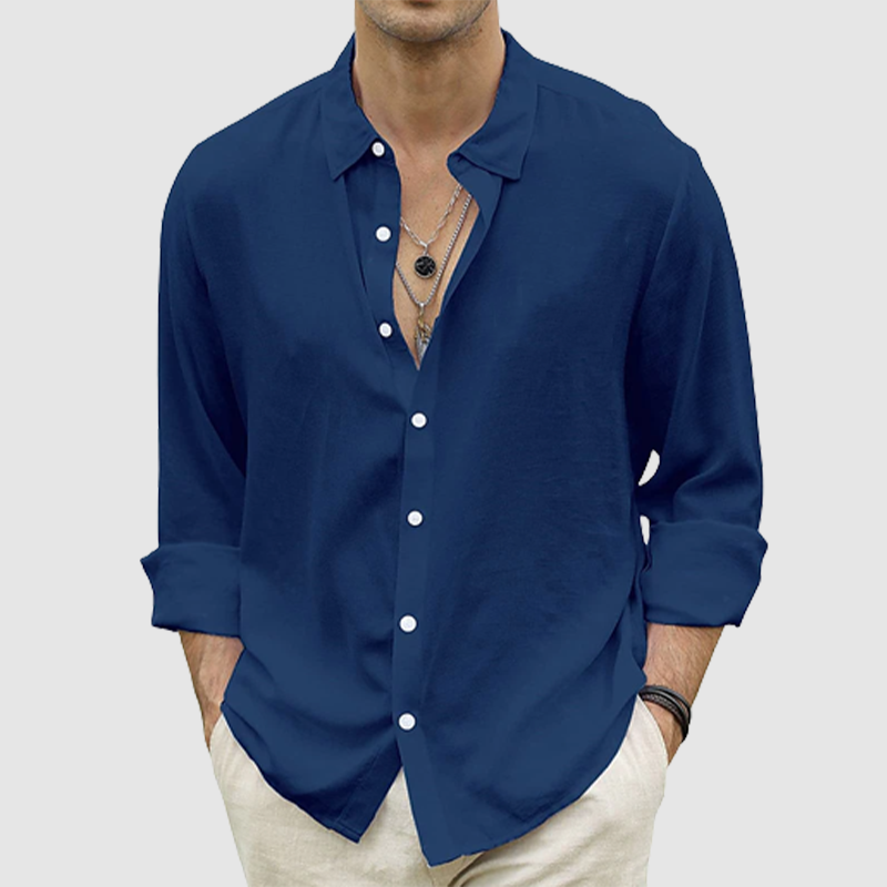 Men's summer casual button-up shirt long sleeve solid color holiday shirt-Comfort & Reliable