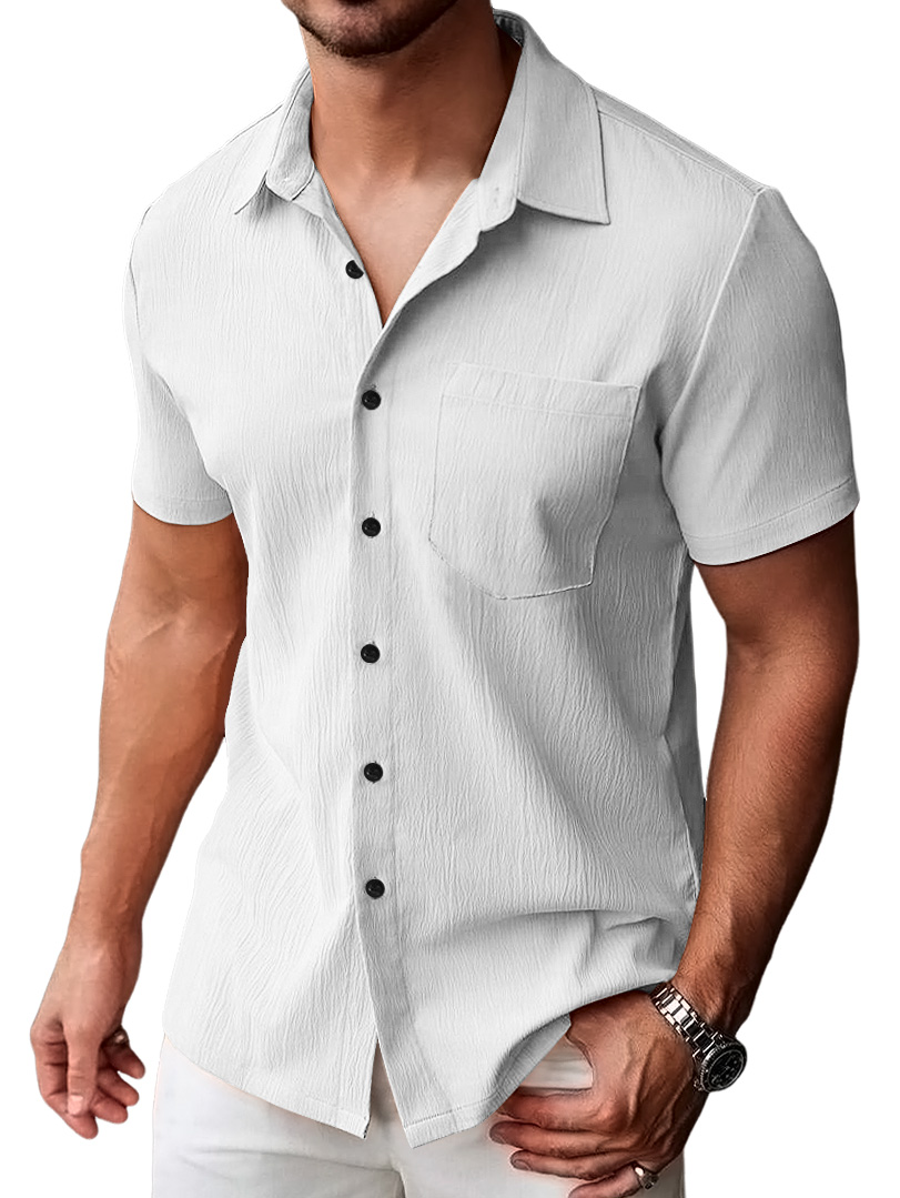 Men's Casual Pleated Solid Pocket Short Sleeve Shirt