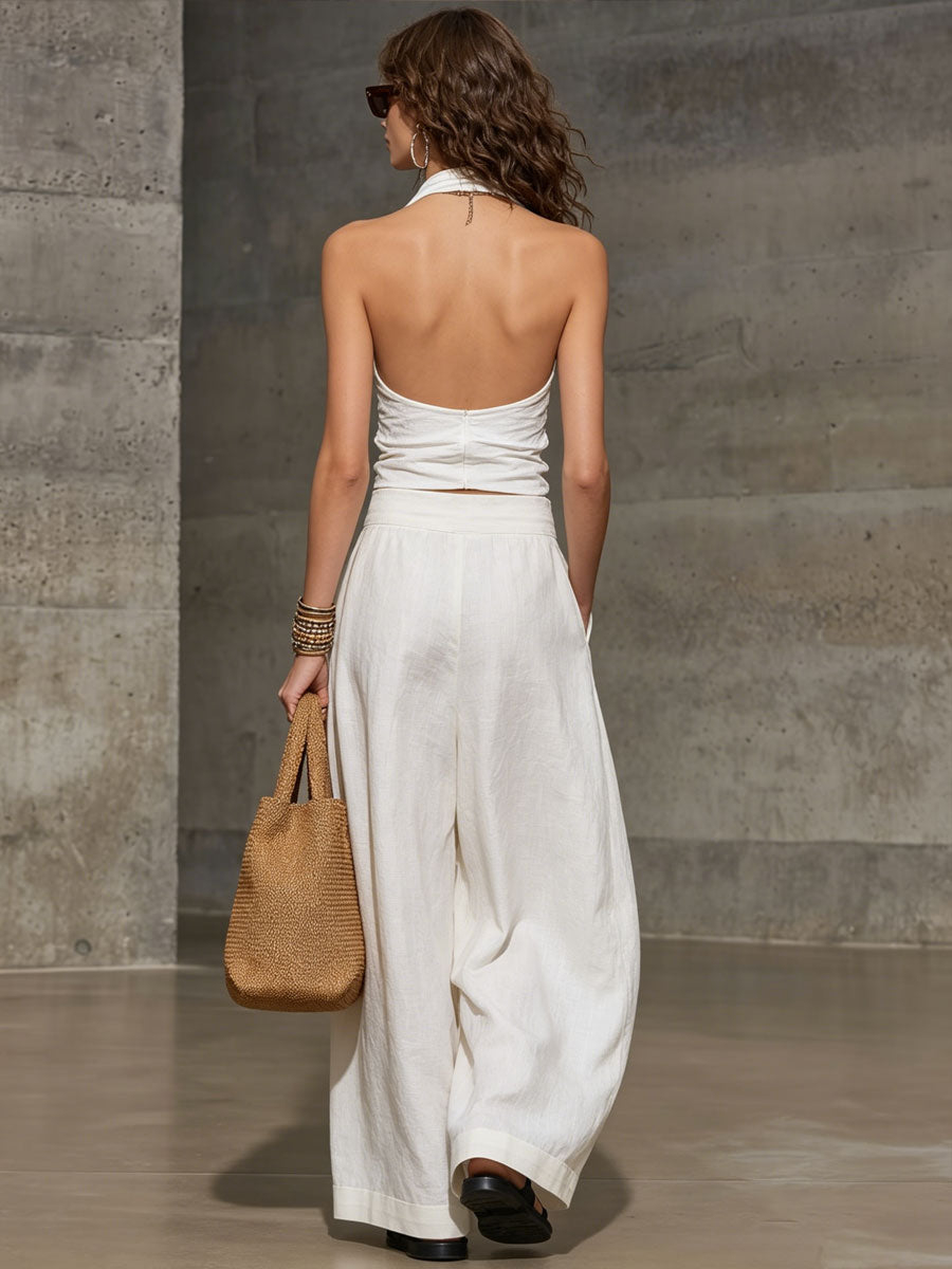 Stylish Casual Linen And Cotton Halter Top And Pants Two-piece Set