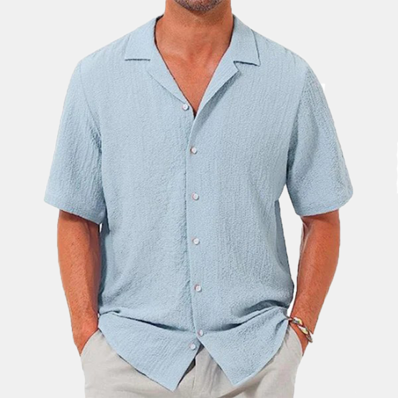 Men's lapel casual solid color short sleeve button linen shirt-Comfort & Reliable