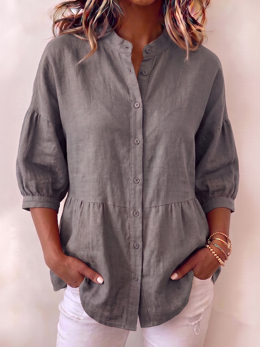 Casual Loose-fit Cotton-linen Blouse With Lantern Sleeves