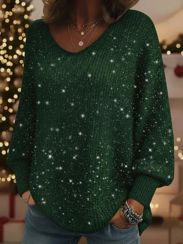 CLEARANCE SALE🔥 Christmas Sparkling Cozy V-neck Lantern Sleeve Knit Sweater