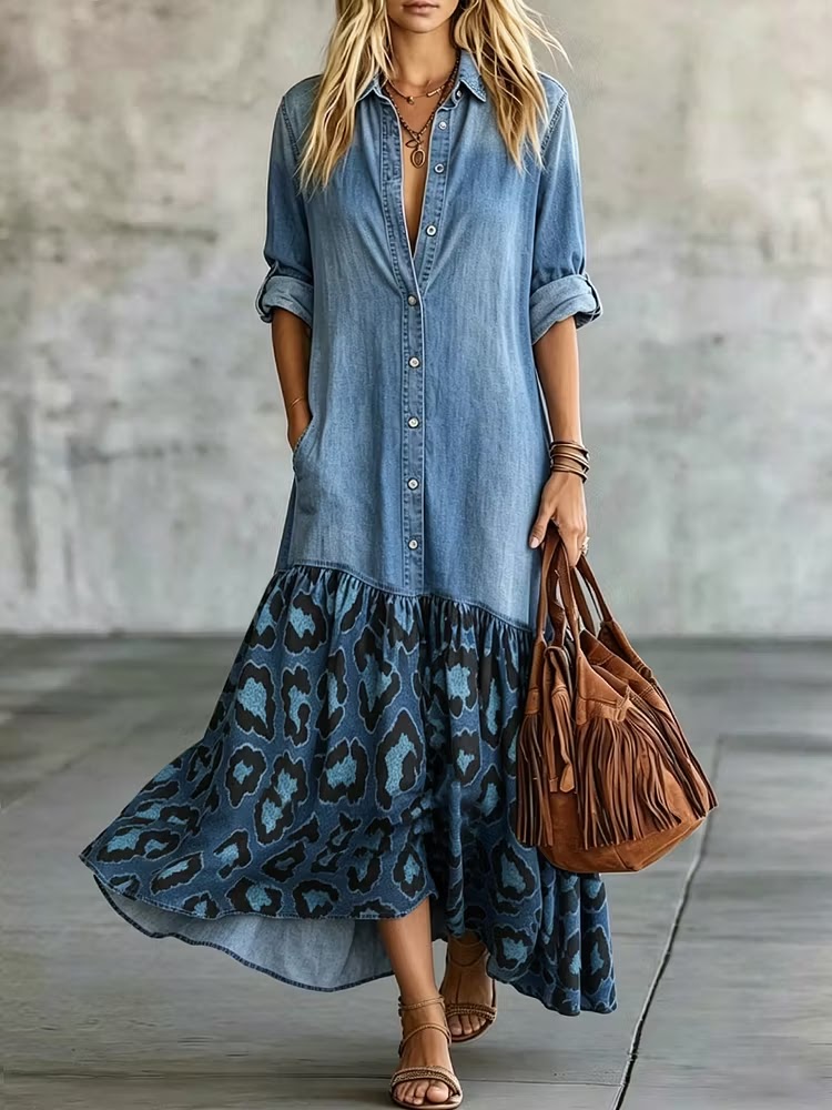 Loose-fit Casual Denim Dress With Leopard Print Paneling
