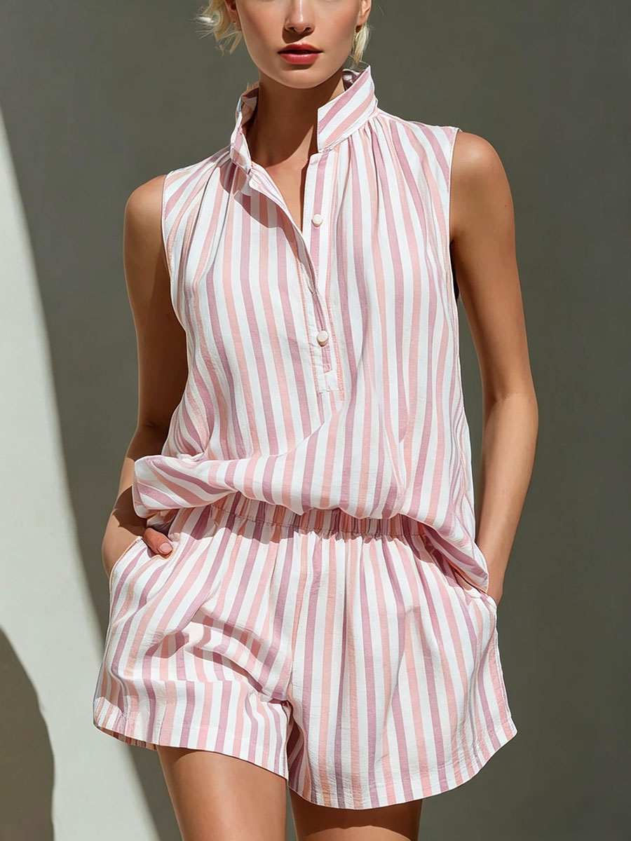 Women's Simple & Stylish Sleeveless Stand-collar Striped Vest And Casual Vacation Shorts Two-piece Set