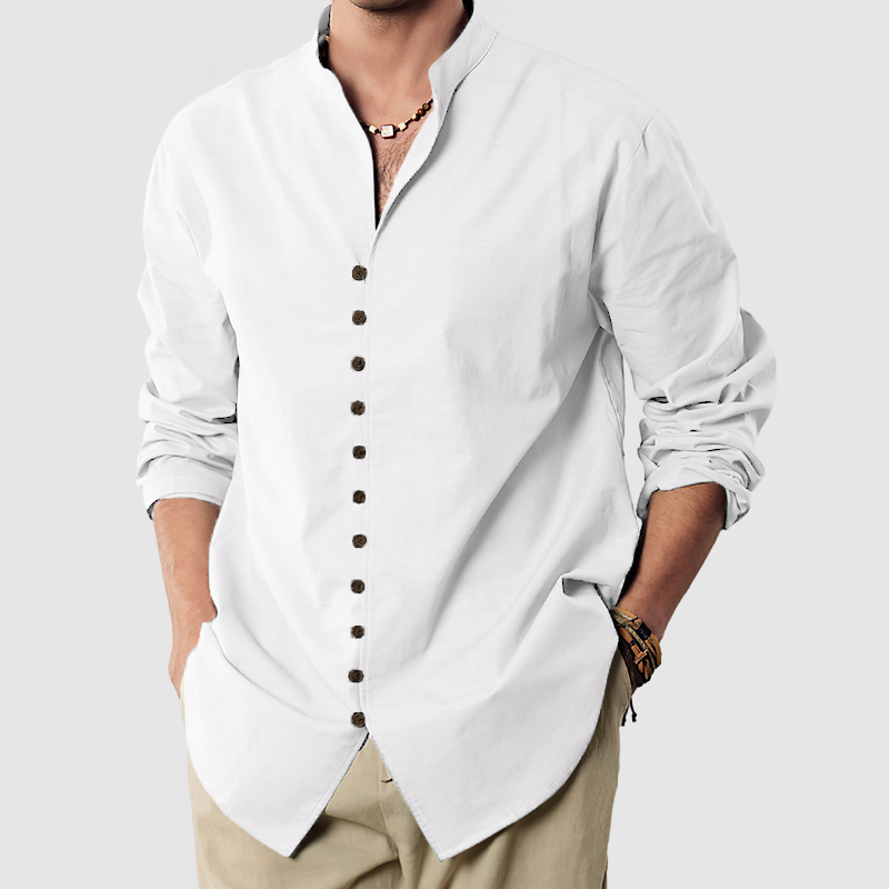 Gentleman's Standing Collar Button Down Cotton Linen Shirt-Comfort & Reliable