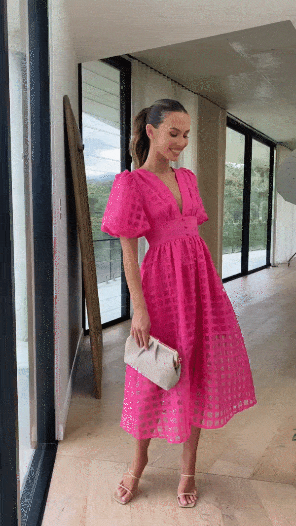 Beauty Square Patterned Fabric Puff Sleeve Midi Dress-Comfort & Reliable