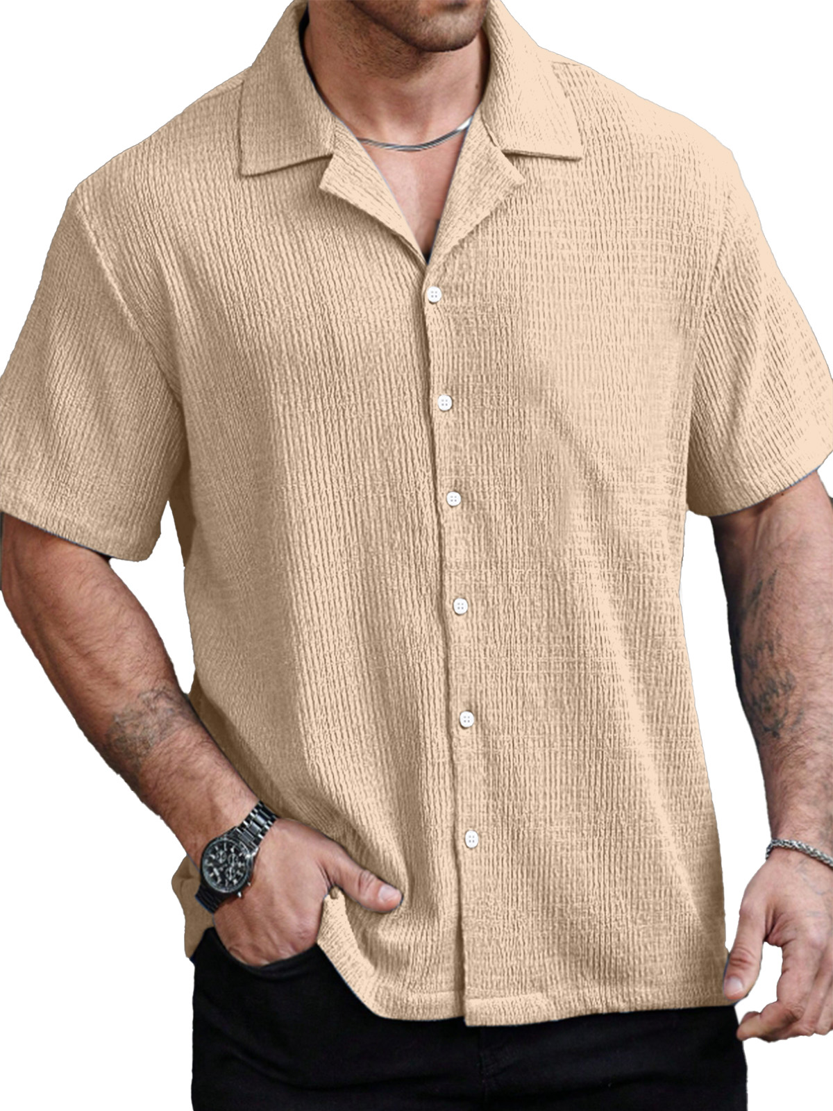 Men's Casual Solid Color Texture Cuban Collar Short Sleeve Shirt