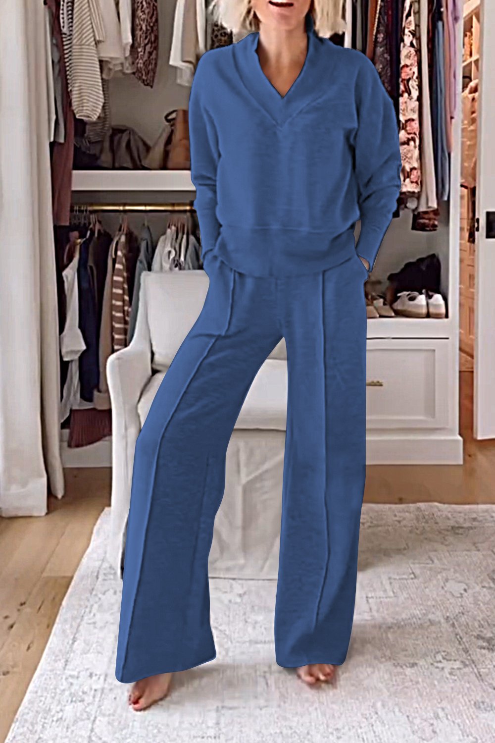 Women's Solid Color V-neck Top & Pants Two-piece Set-Comfort & Reliable