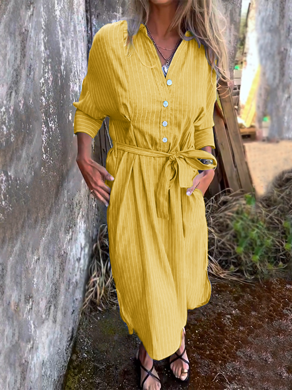 NEW🔥 Striped Lapel Button Down Belt Dress