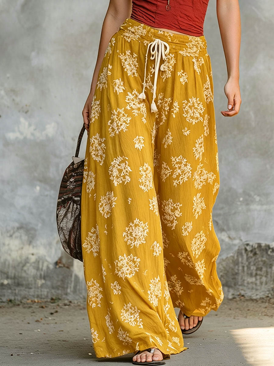 Women's Floral Print Cotton-linen Wide-leg Pants With Elastic Waist
