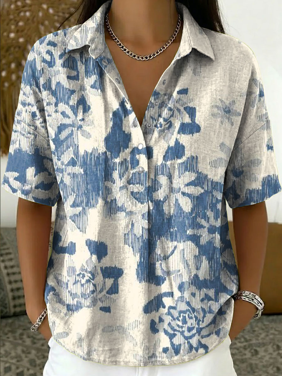 Women's Vintage Botanical Floral Casual Polo Collar Short-sleeved Linen And Cotton Shirt