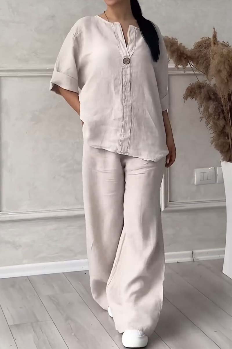 Casual button decorated cotton and linen two-piece set-Comfort & Reliable