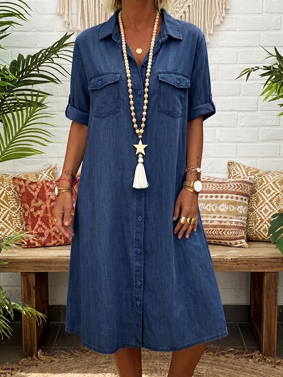 Casual Polo-collar Button-down Denim Dress