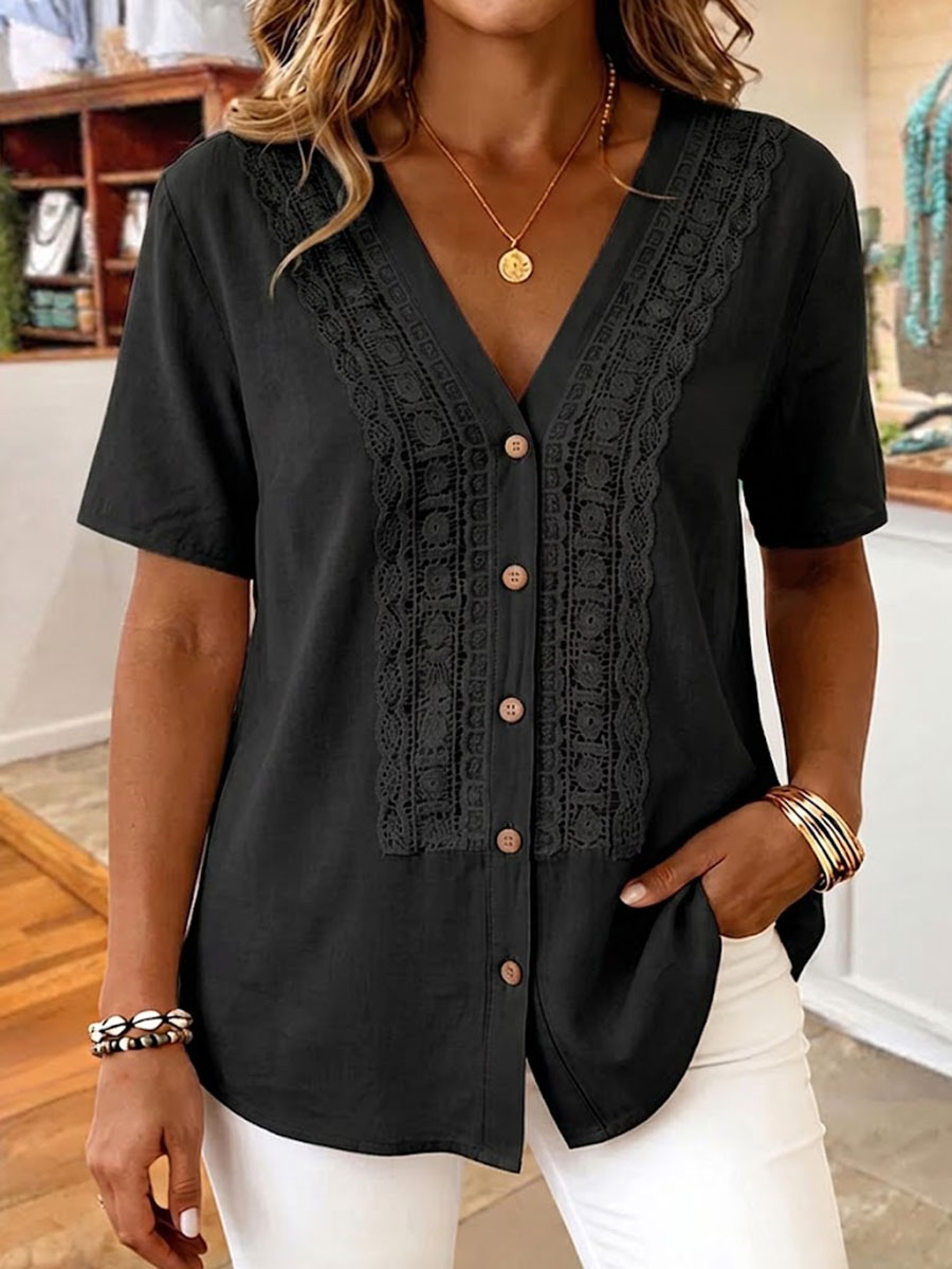 Women's Solid-color V-neck Short-sleeve Casual Loose Cotton-linen Top